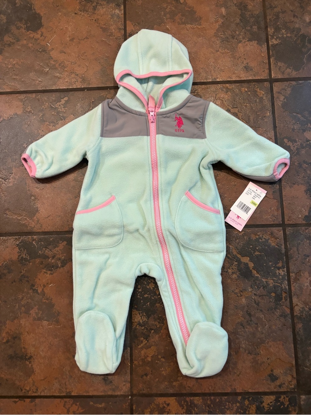 🏀U.S. Polo Assn. Mint Green Fleece Hooded One-Piece with Pink Trim